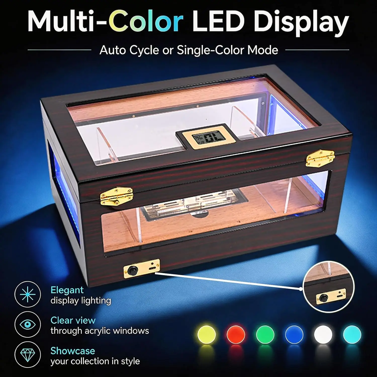 Cigar Humidor with Six-Colored LED Light, Full-View Acrylic Design, Digital Hygrometer, Crystal Gel Humidifier, Spanish Cedar