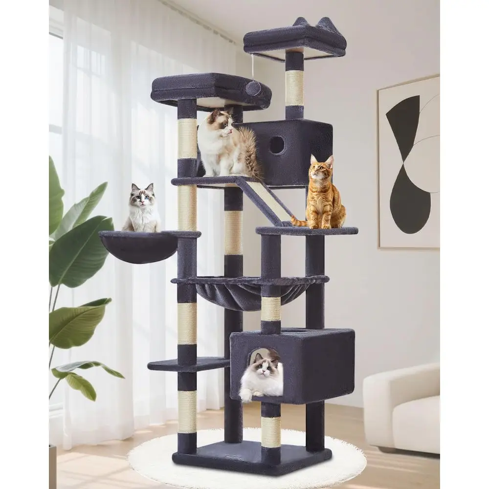 

71 Indoor Cat Tower, Large Multi-Level Condo, 8 Sisal Posts, Metal Frame, Hammock, Scratch Board, 2 Perches, Smoky Gray