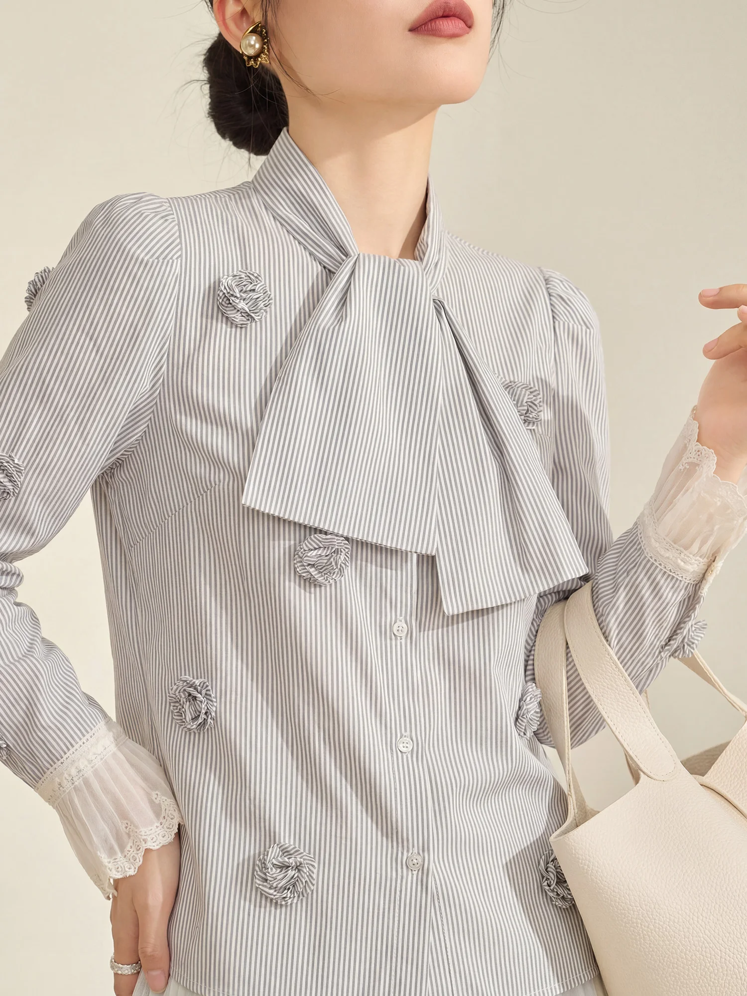 

Flowing Era Women's Shirt with Lace Splicing Striped Design Bow Tie Sleeveless Top Comfortable Breathable Polyester Spring