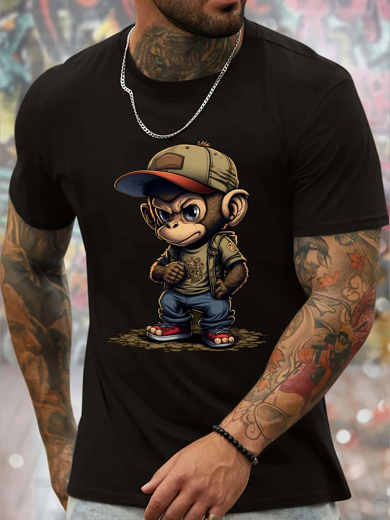 

Cartoon Style Monkey Summer Men's T-shirt printed comfortable casual, round-necked loose short-sleeved retro trend T-shirt