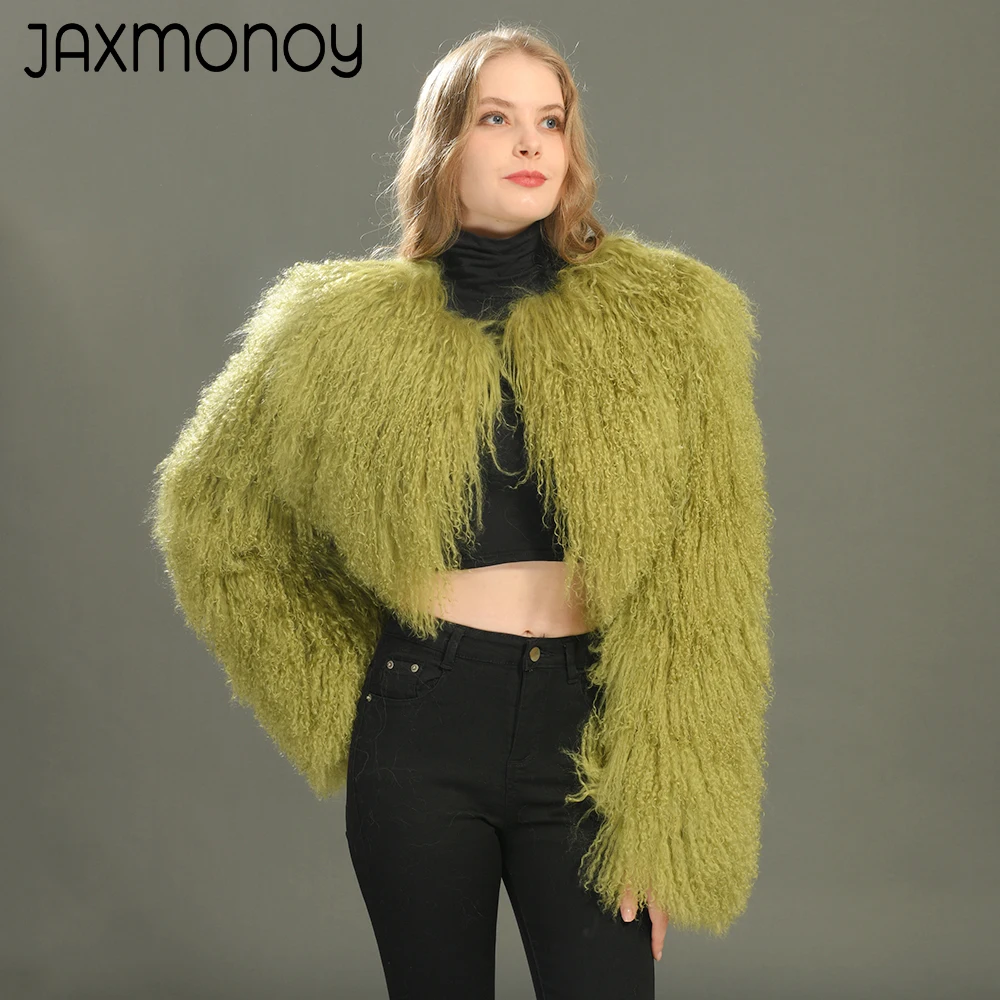 Jaxmonoy Real Mongolian Fur Coat for Women Fashion Short Style Fluffy Fur Crop Jacket Ladies Winter Full Sleeves Warm Coats 2023