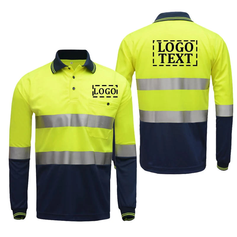 Logo or Text Custom Safety Reflective High Visibility Long Sleeve Shirts ANSI Class 2 Hi Vis Construction Work Shirts for Men