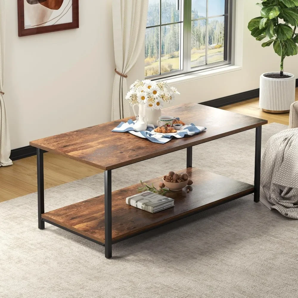 2-Tier Coffee Table with Storage Shelf for Living Spaces, Brown Rectangle Wood and Sturdy Metal Side End Table