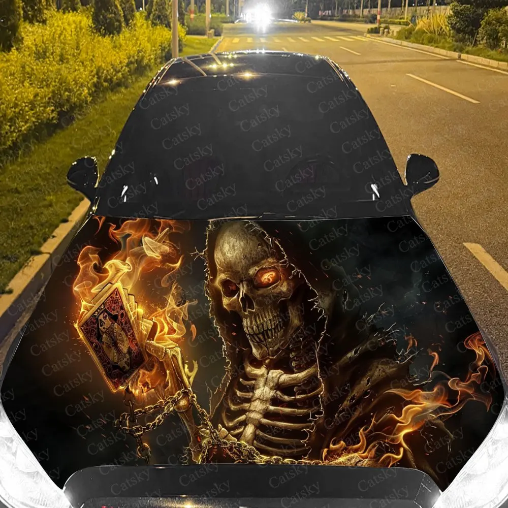 不気味な炎の死神とポーカーの車カバーデカール、自動車ボンネットステッカー、防水性と自己粘着性の自動車ビニールラップ、クールな車