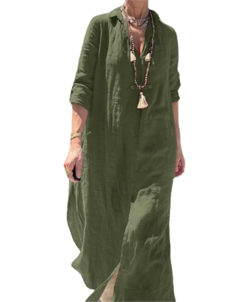 여성 드레스 봄 여름 V 넥 긴 소매 비치 셔츠 드레스 캐주얼 느슨한 우아한 사무실 솔리드 드레스 가운 Femme Vestidos