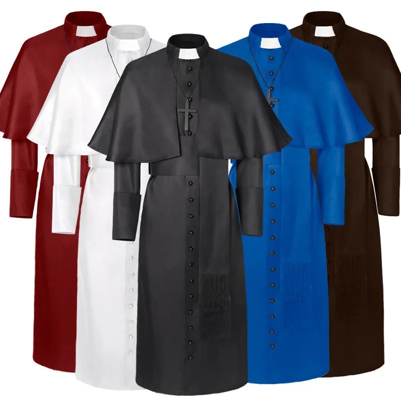 O traje medieval do sacerdote para homens, igreja católica, religiosos, romano Sutane, pastor do papa, trajes do pai, robe maçônico maciço, pastor