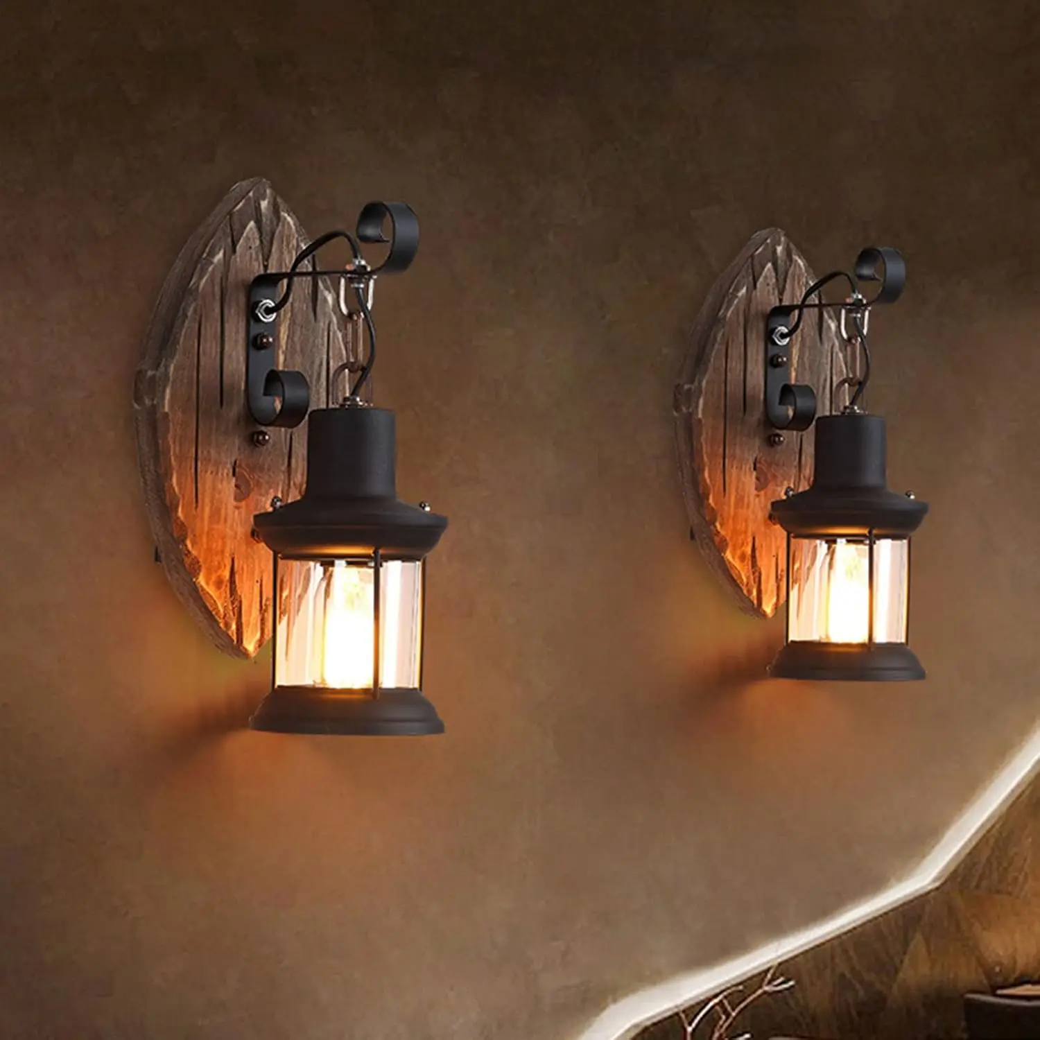 Vintage Wall Lamp with Wooden Base Industrial Sconce Black Metal Wall Light Fixture for Dining Room, Hallway, Porch Decorate