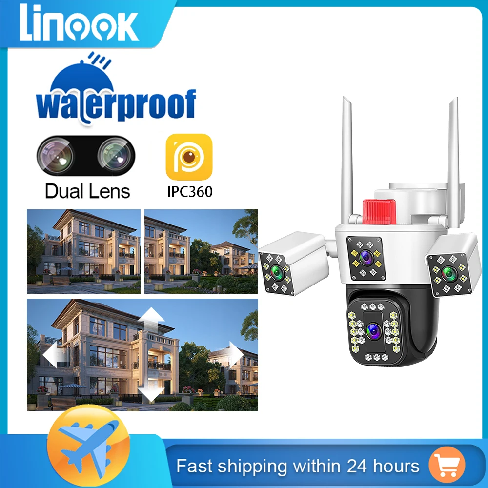 Linook 12MP, 4K, 4 lentes, cámara de monitoreo WiFi, cámara IP, cámara WiFi CCTV para exteriores, cámara de protección de seguridad WiFi