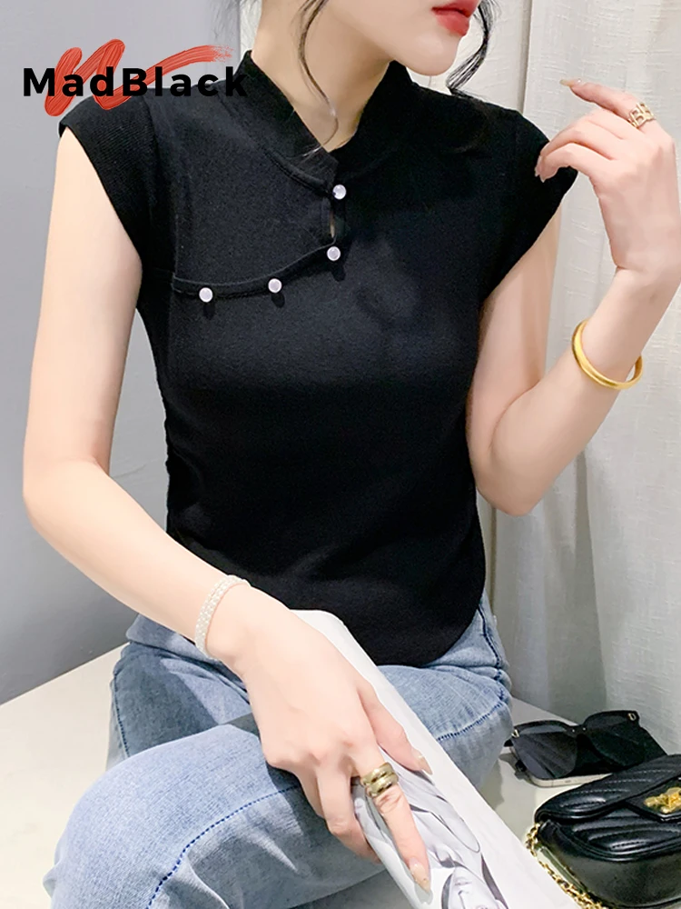 

MadBlack Summer New Chinese Clothes Mandarine Collar Tshirts Woman Sexy Slim Knit Tops Short Sleeves Pullover Tee 2024 T437126JC