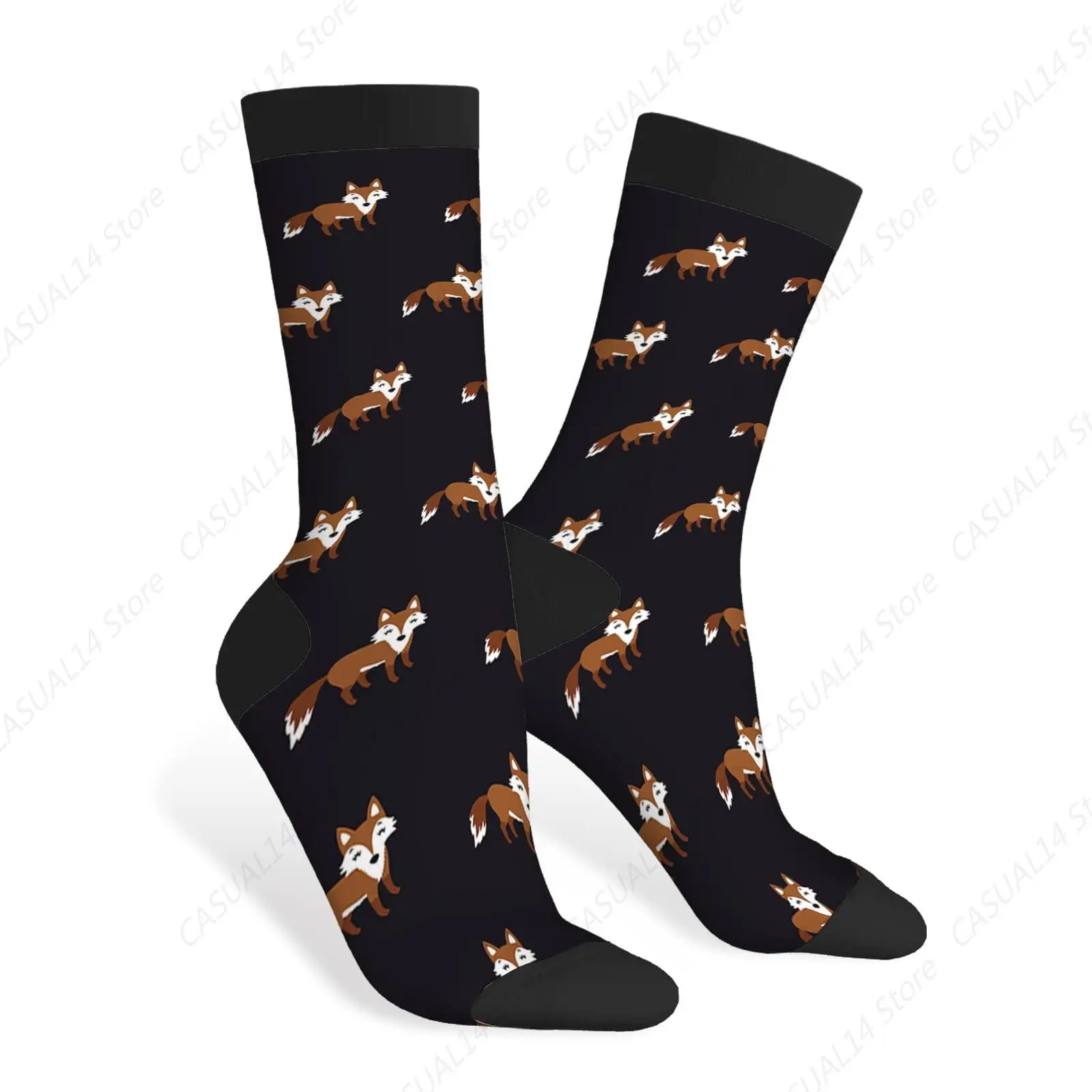 Cute Fox Funny Socks Brown Sitting Fox Cartoon Woodland Animals Print Autumn Novelty Casual Crew Socks Contrast Color Design