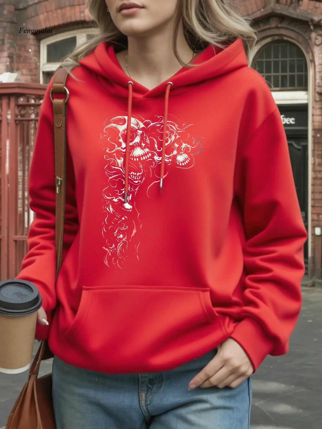 Moletom com capuz com estampa de caveira de demônio gótico – pulôver de lã com capuz com cordão, ajuste solto, calor de inverno casual