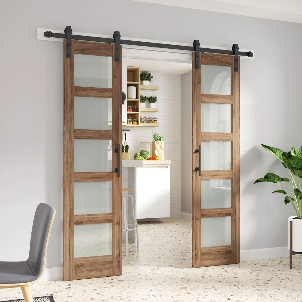 Glass Barn Doors Barn Door with Hardware Kit & Handle Included,5-Panel Frosted Glass,Wood Panel,Water-Proof Surface