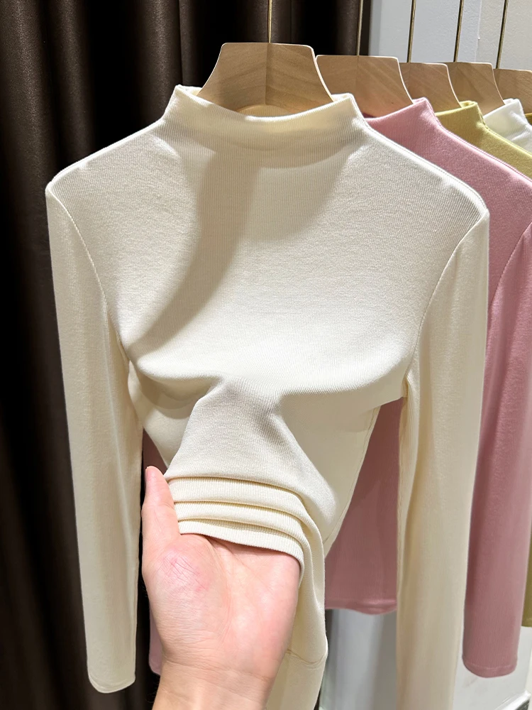 

Нежно-бежевая вязаная базовая футболка с длинным рукавом для женщин, весна-осень 2026, новинка, с высоким воротником, для ношения под одеждой, топ