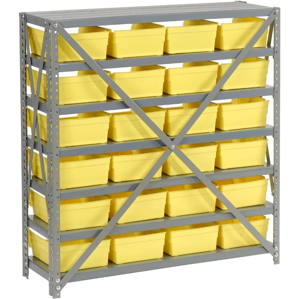 Rak Penyimpanan Baja 7 Tingkat dengan 24 Tempat Penyimpanan Plastik, Abu-abu dan Kuning, Lebar 36 x Dalam 12 x Tinggi 39, Kekuatan Industri, Berat