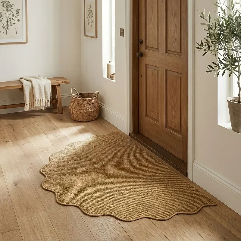 Half-Circle Rippled Edge Jute Texture Carpet Easy Clean Floor Mat Home Living Bedroom Entrance Rug