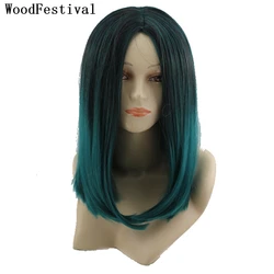 WoodFestival Medium Synthetic Hair Wigs For Women Cosplay Wig Black Ombre Green Orange Straight High Temperature Fiber