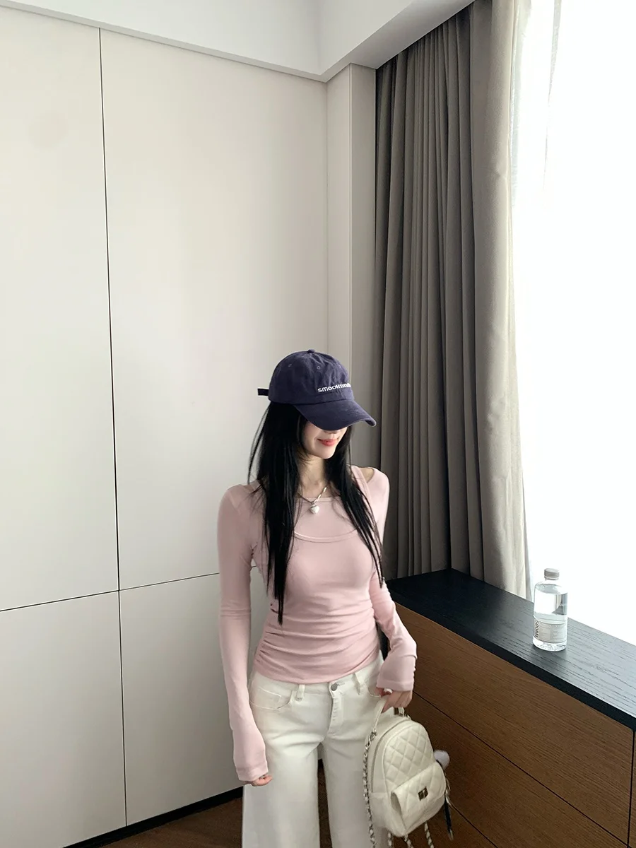 

Женская облегающая футболка с длинным рукавом, имитация двухслойности, весна 2026, новинка, простой топ с круглым вырезом