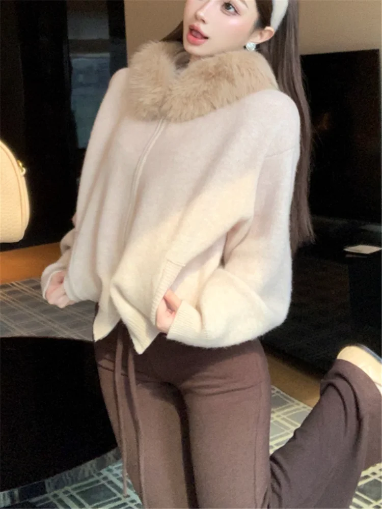 Mink velo pele do falso com capuz cáqui camisola curta para as mulheres nova moda outono chique malha cardigan topo manga longa zíper malhas