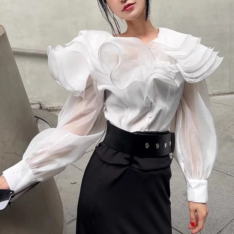 

2025 Autumn New Lapel & Ruffle Insert Fitted Blouse Women's Shirt