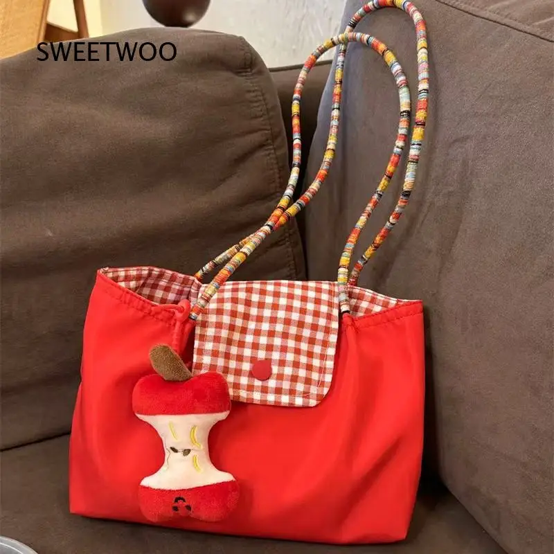 Red Check Lining Nylon Tote Handbag Women Cute Apple Core Charm Small Casual Shopping Shoulder Bag