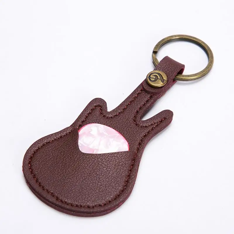 Guitar Pick Case Pick Pouch Plectrum Storage With Keychain PU Leather Guitar Shape Key Holder Musical Instrument Accessory For