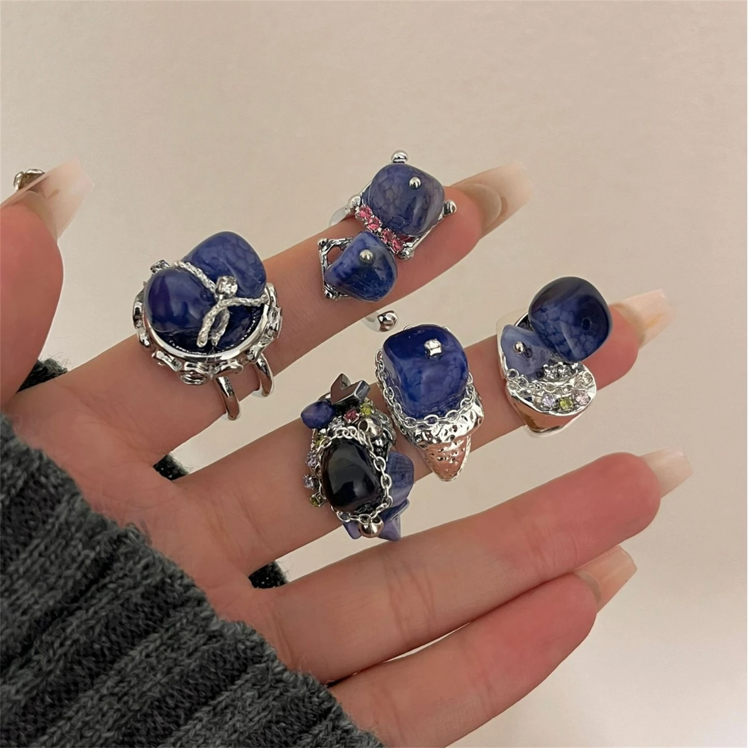 

WAKA Boho Blue Stone Rings Set for Women Unique Irregular Design Vintage Chic Statement Jewelry Trendy Party Daily Accessories