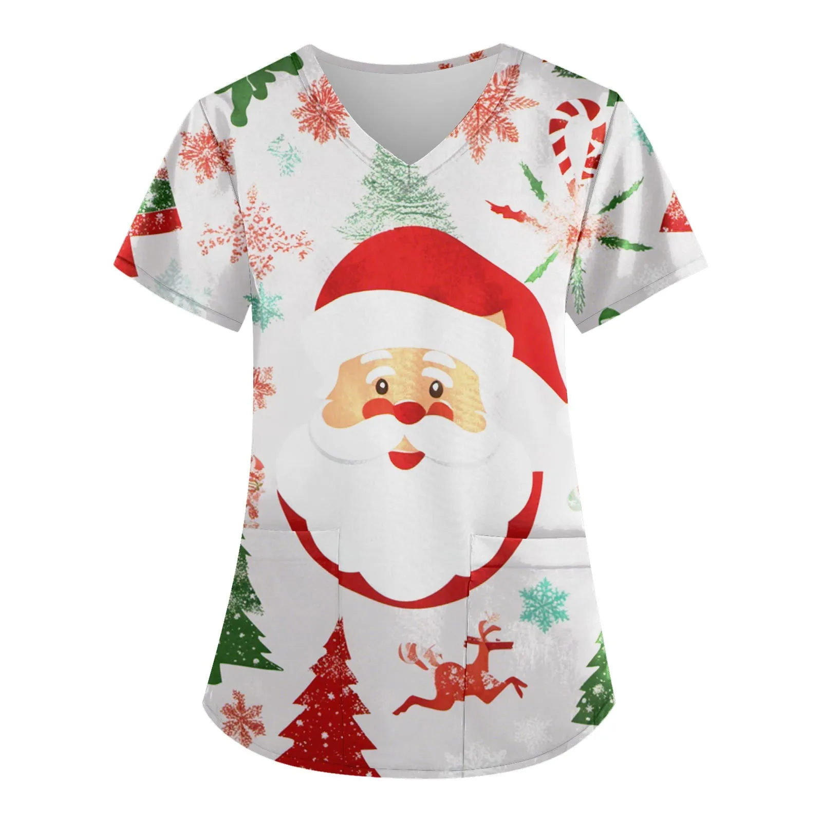 Atasan Perawat natal seragam medis Wanita Gambar Santa Claus seragam Suster V-Neck kaus Spa Kesehatan Rumah Sakit blus