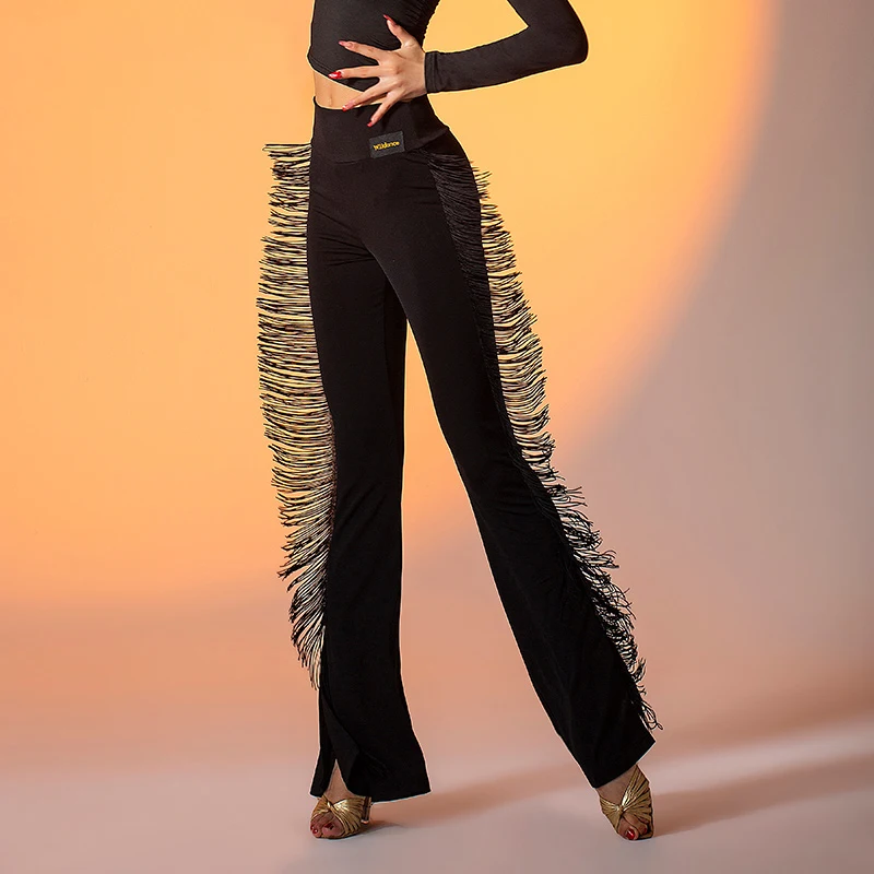 Black Fringed Latin Dance Pants Women Sexy Slit Pants Professional Ballroom Dance Practice Wear Cha Cha Samba Trousers BL7703