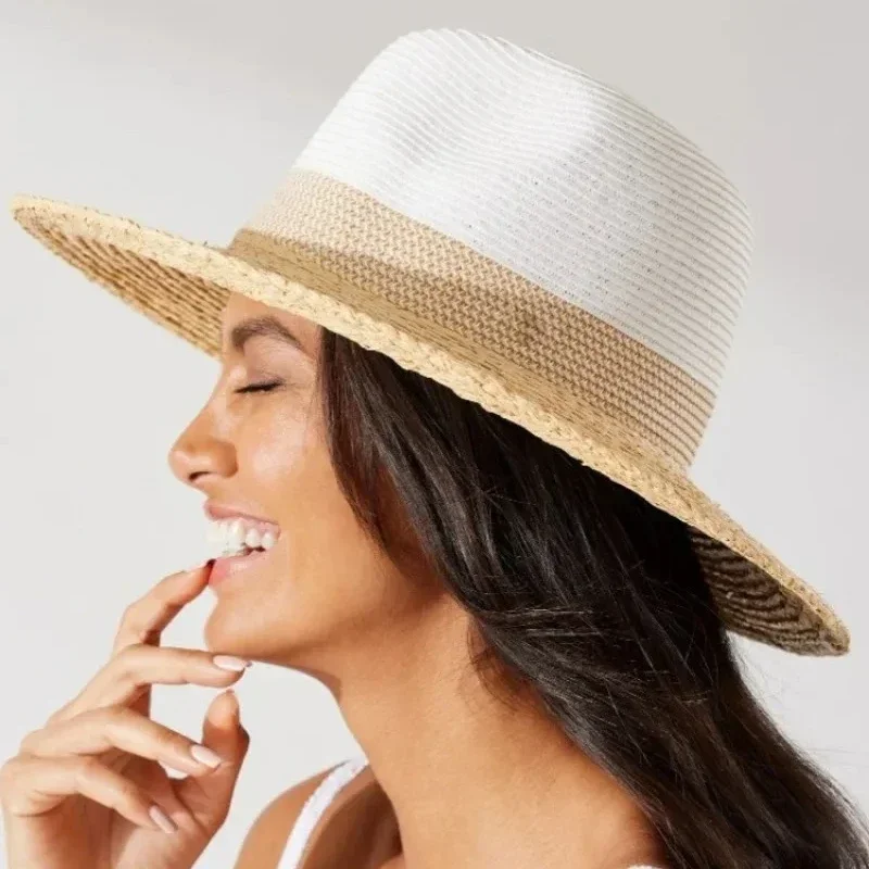 Summer Lafite Grass Spliced Fashion Sunshade Straw Hat Womens Wide Brim Jazz Beach Hat Holiday UV Protection Sunscreen Sun Hat