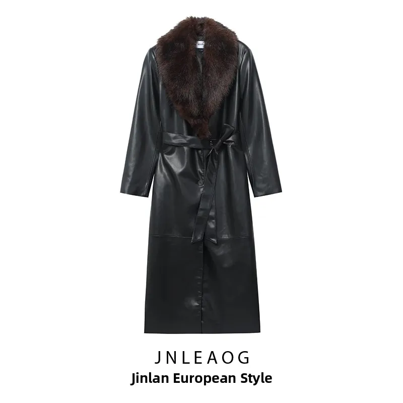 

JNLEAOG Осенняя новинка: Женское пальто с эффектом искусственного меха, съемным воротником, из синтетической кожи, для повседневной носки, свободного кроя, длинное