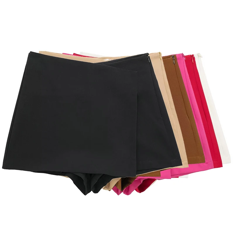 Women Vintage High Waist Female Chic Lady Shorts Fashion Solid Asymmetrical Side Zipper Skirts Shorts