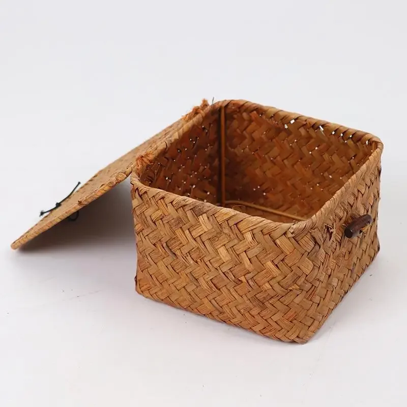 Handwoven Seagrass Storage Box Wicker Basket Desktop Makeup Organizer Multipurpose Container Shelf Baskets For Home Sundries