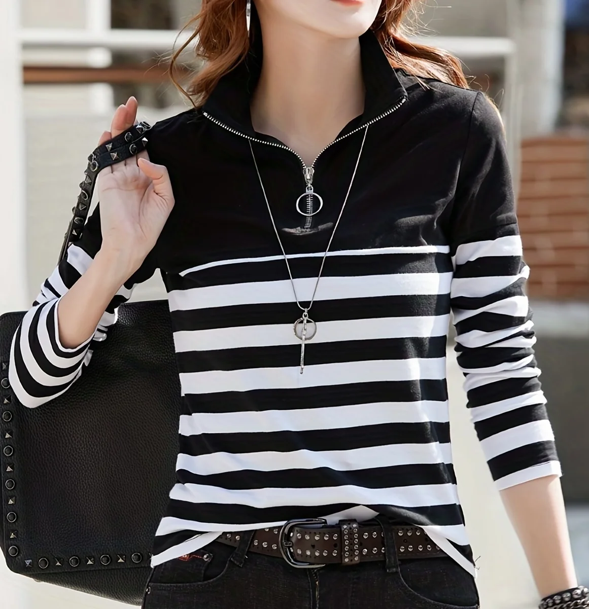 

Women's striped semi-zipper long-sleeved turtleneck tops fashionable and casual knitted tops can not be dry-cleaned