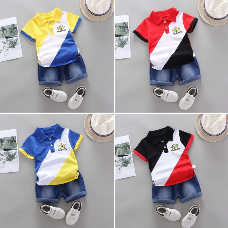 1-4Y Boy Summer Patchwork Crown Short Sleeved Denim Shorts Two-piece set Handsome Comfortable  Soft Novel Lapels Cotton Kids