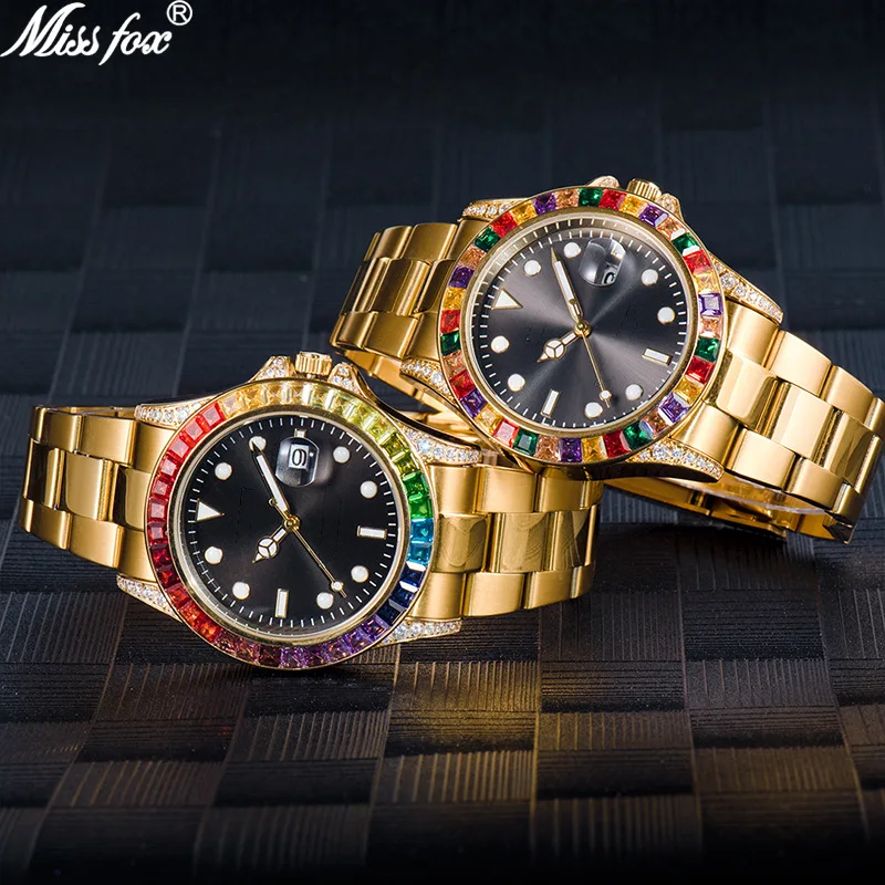 Official brand free shippingFashion High-End Rhinestone-Encrusted Colorful Crystals Stainless Steel LuminousMen's Watch