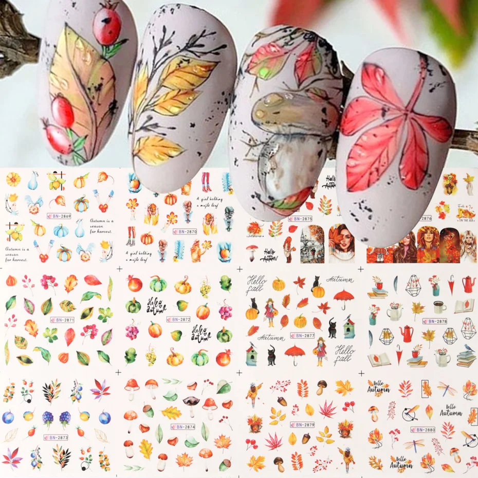 12pc Herbst Blätter Nagel Wasser Aufkleber Set niedlichen Kürbis Pilz Nagel Folien Abziehbilder Wasser zeichen Transfer Slider Herbst Maniküre Dekor