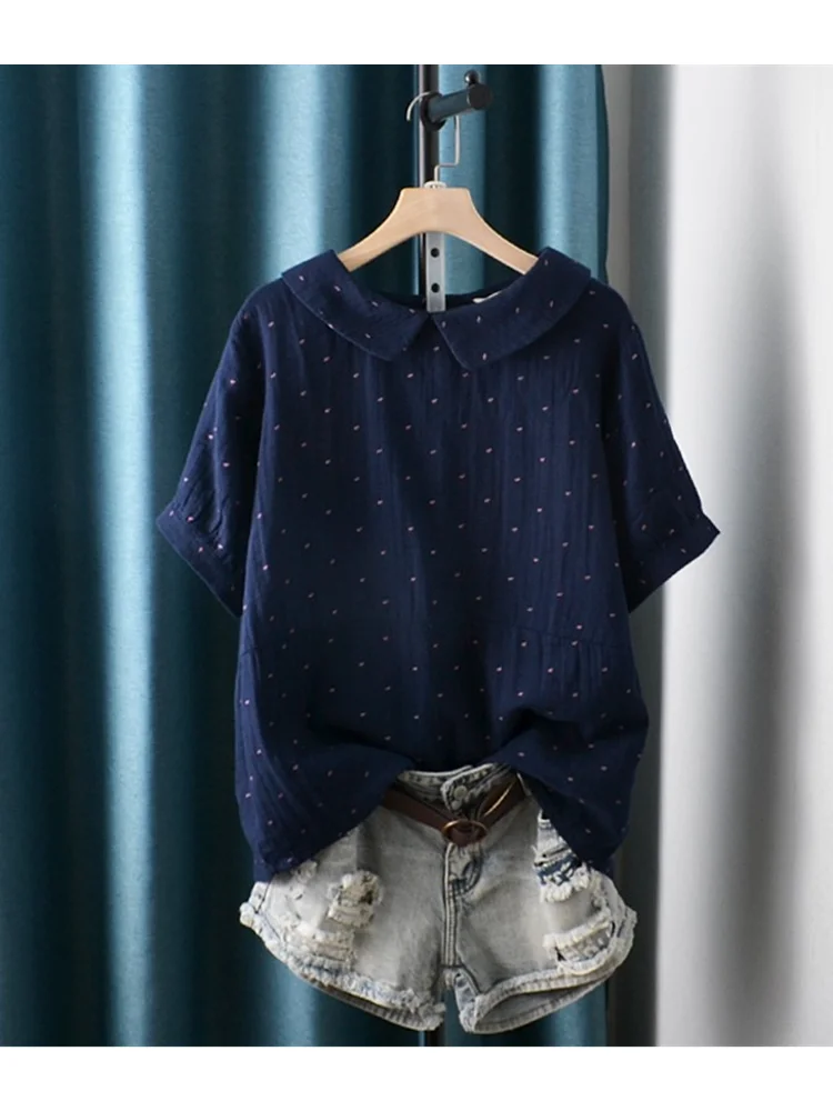 Lamtrip Sweet Kawaii Polka Dots Print Short Sleeve Cotton Yarn Shirt Blouse Top 2024 Summer