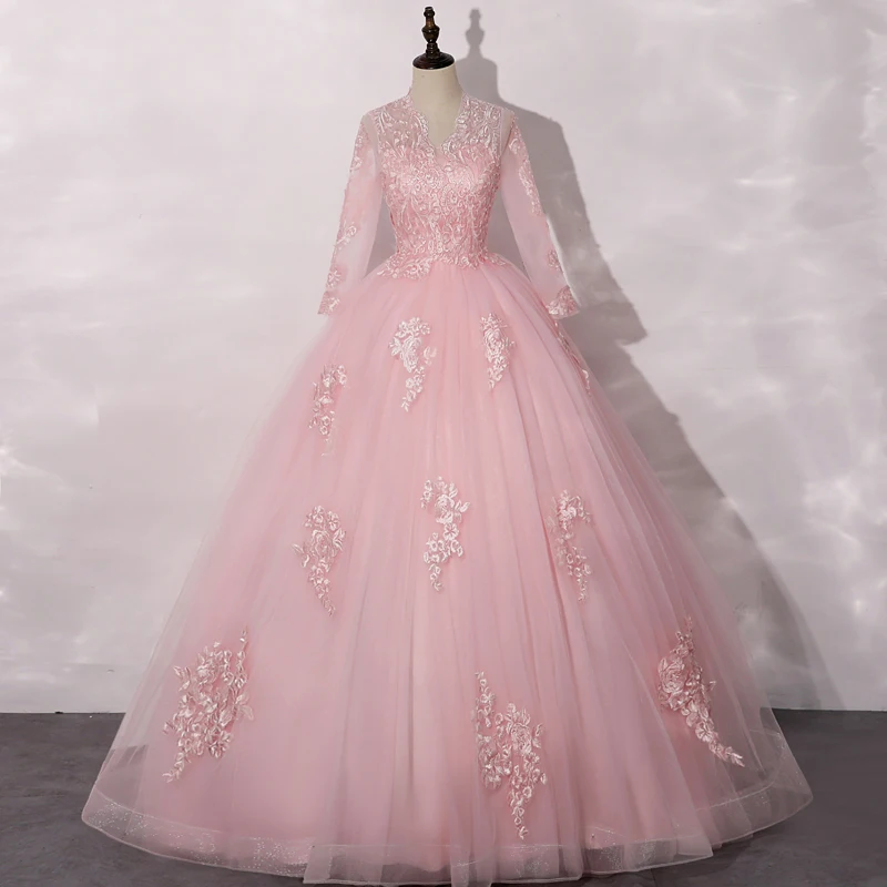 Vestidos De quinceañera rosa con cuello en V, vestidos De baile De tul con mangas, elegante De encaje Vestido largo, Vestido De depuración hecho a medida, nuevo