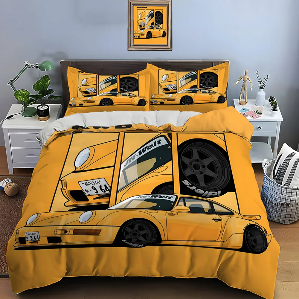 Classic Orange Sports Car Design Bedding Set for Kids Luxury Gift 3pcs Digital Print Comforter Set Soft Comfortable Breathable