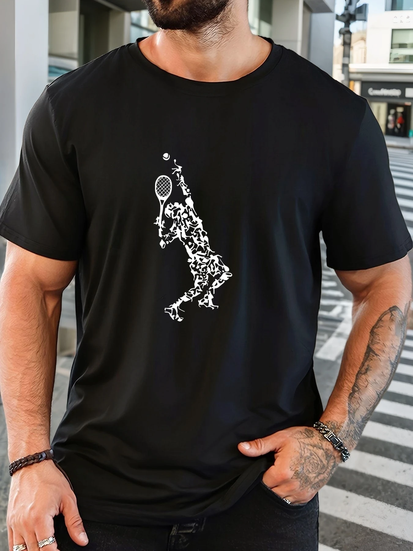 Men White Crew Neck Tee Abstract Black Fragmented Tennis Player Silhouette Serve Pose Racket Ball Sport Graphic Soft Short Sleev