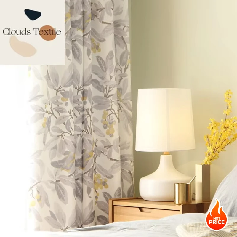 

New American Pastoral Country Cotton and Linen Printed Fabric Curtain Grey Loquat Bird Curtains for Living Dining Room Bedroom