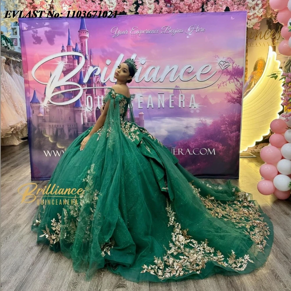 EVLAST-Robe de RhQuinceanera verte personnalisée, appliques florales dorées, nœud perlé, corset, Sweet 16, robe éducative, 15 ans, SQ577