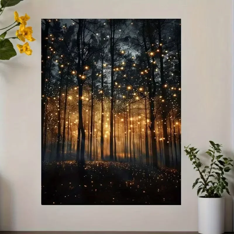 Enchanting Firefly Forest Canvas Art Print - Frameless Wall Decor with Glowing Tree Silhouettes, Mystical Night Scene for Liv