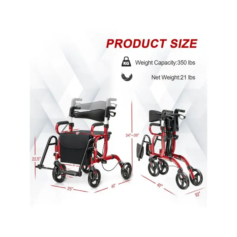 2-in-1 Rolling Walker and Wheelchair, Adjustable Height 34