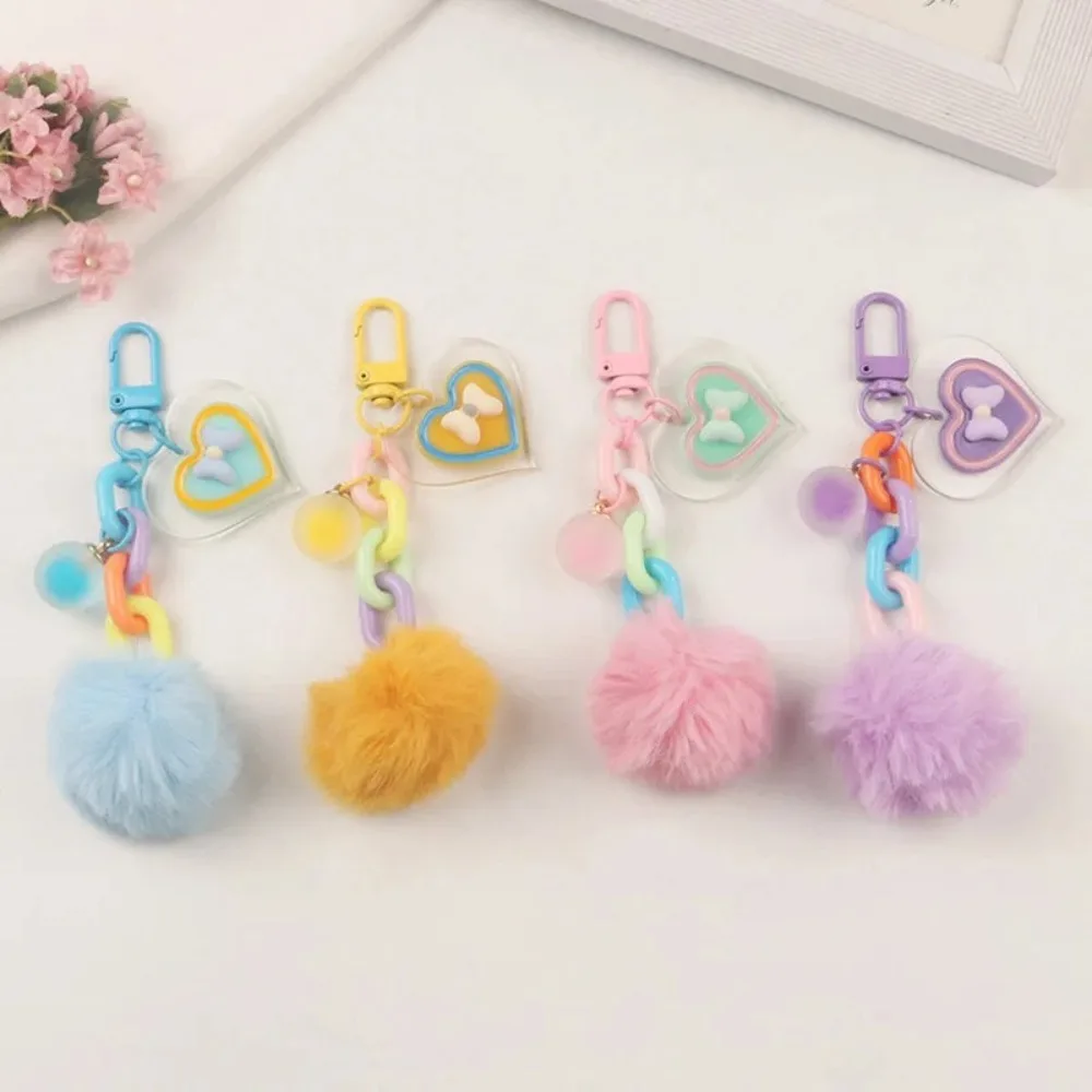 Cute Plush Ball Plush Ball Keychain Heart Bow Gift Heart Bow Bag Pendant Candy Color Keyring