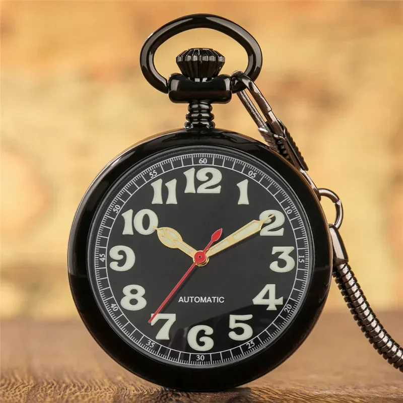 Antique Men Women Automatic Mechanical Pocket Watch Luminous Arabic Number Display with Pendant Fob Chain Clock Gift