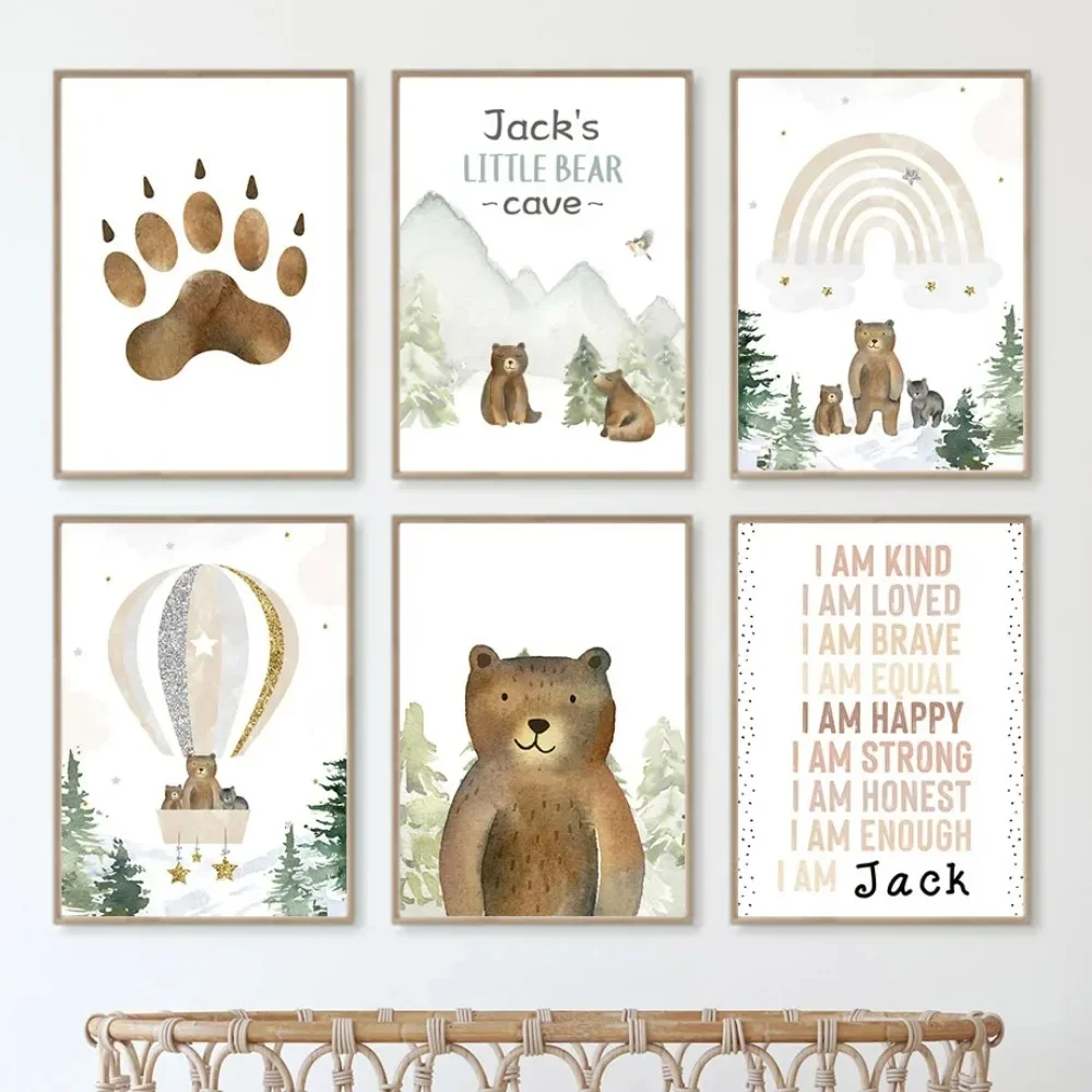 Bear Hot Air Balloon Rainbow Forest Customize Wall  Nordic Cartoon Posters Pictures for Kids Room Decor Canvas Print 