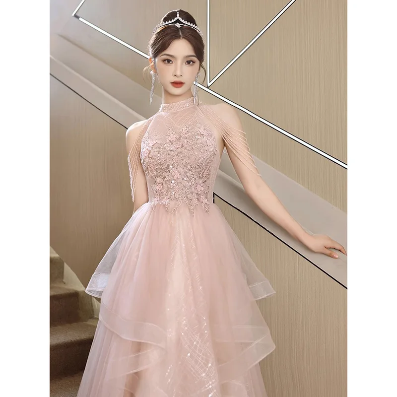 DSP Elegant A Line O Neck Tulle Prom Dresses 2024 Luxury Beading Evening Party Dress with Appliques Formal Dress for Woman