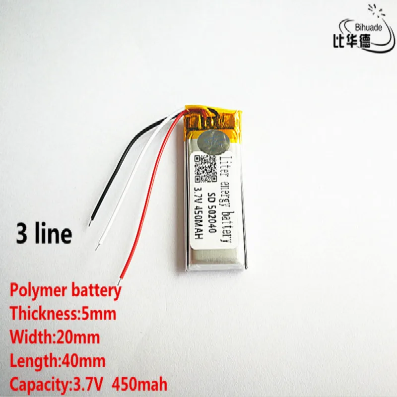 5pcs/lot 3 line Good Qulity 3.7V,450mAH,502040 Polymer lithium ion / Li-ion battery for TOY,POWER BANK,GPS,mp3,mp4