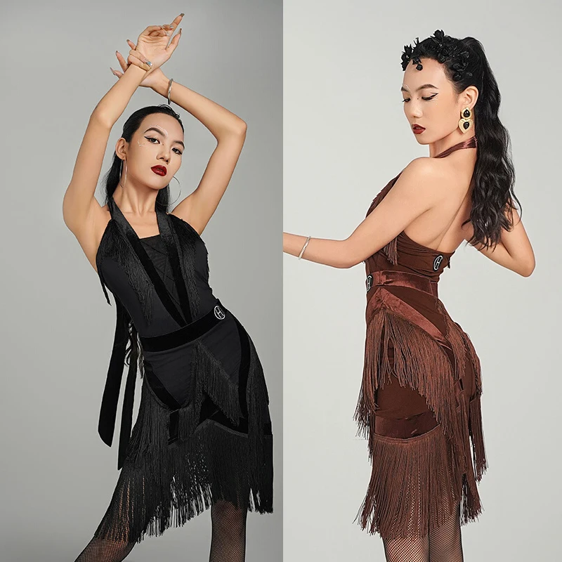 

2024 New Latin Dance Dress For Women Sexy Hanging Neck Jumpsuit With Tassel Skirts Female Samba Chacha Latin Stage Wear DQS17454